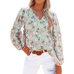 Damen Sommer Frühling Ärmel Chiffon Blumendruck Lange Flare Ärmel V-Ausschnitt Lässige Bluse Shirt Tops(S-Grün) von Ausla