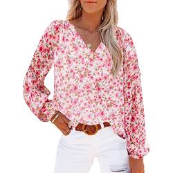 Damen Sommer Frühling Ärmel Chiffon Blumendruck Lange Flare Ärmel V-Ausschnitt Lässige Bluse Shirt Tops(XL-Rosa) von Ausla