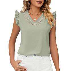 Damen Spitze V Ausschnitt Tunika Oberteil Rüschen Ärmellos Bluse Sommer Basic Lässig Tops (M) von Ausla