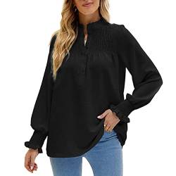 Damen V Ausschnitt Bluse Gesmokte Stehkragen Langarmshirts Hemd Elegant Rüschenhals Oberteile Puffärmel Knopfleiste Tops Einfarbig Formal Arbei(XL-Schwarz) von Ausla