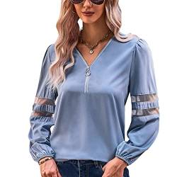 Damen V Ausschnitt Bluse mit Reißverschluss Langarmshirts Hemd Elegant Oberteile Tops Laternenärmel Spleißen Netz(L-Blau grau) von Ausla