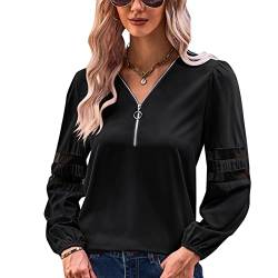 Damen V Ausschnitt Bluse mit Reißverschluss Langarmshirts Hemd Elegant Oberteile Tops Laternenärmel Spleißen Netz(L-Schwarz) von Ausla