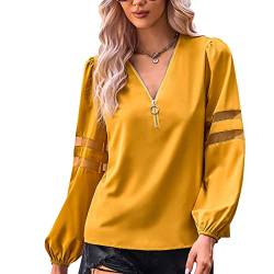 Damen V Ausschnitt Bluse mit Reißverschluss Langarmshirts Hemd Elegant Oberteile Tops Laternenärmel Spleißen Netz(S-Ingwer) von Ausla