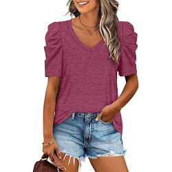 Damen V-Ausschnitt Casual Kurzarm Sommer T-Shirt Elegant PuffÄrmel Oberteile Lose Basic Blusentop(L-Dunkelrot) von Ausla