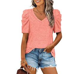 Damen V-Ausschnitt Casual Kurzarm Sommer T-Shirt Elegant PuffÄrmel Oberteile Lose Basic Blusentop(S-Pinkish) von Ausla