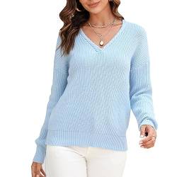 Damen V Ausschnitt Strickpullover Casual Freizeit Pullis Basic Langarm Locker Oberteil (M) von Ausla