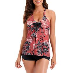 Damen V Ausschnitt Zweiteilige Badeanzug Push up Bademoden Print Tankini Beachwear Hotpants(XXL-Dunkelrot) von Ausla