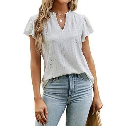 Damen V Plissee Kragen Tunika Oberteil Spitze Aushöhlen Elegant Slim Fit Rüschenkante Kurzarm Bluse Sommer Basic Lässig Tops (S) von Ausla