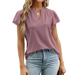 Damen V Plissee Kragen Tunika Oberteil Spitze Aushöhlen Elegant Slim Fit Rüschenkante Kurzarm Bluse Sommer Basic Lässig Tops (XL) von Ausla