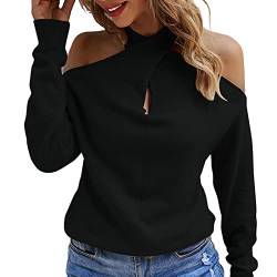 Drop Shoulder Pullover Loose Knit Langarm Pullover Damen Casual V-Ausschnitt Pullover Cold Shoulder Pullover(M-Schwarz) von Ausla