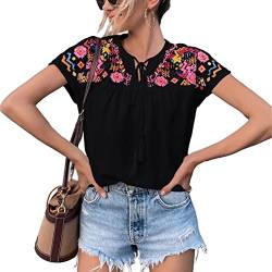 Frauen Blumen Bestickt V-Ausschnitt Kurzarm Bluse Top Quaste Schnürung Mexikanischen Stil Strandhemden Blusen (XL) von Ausla