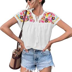 Frauen Blumen Bestickt V-Ausschnitt Kurzarm Bluse Top Quaste Schnürung Mexikanischen Stil Strandhemden Blusen (XXL) von Ausla