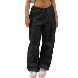 Mädchen Cargohose Multi-Pocket Leichte Freizeithose Fashion Chic Damen Baggy Hose mit Kordelzug Niedrige Taille(M-Schwarz) von Ausla