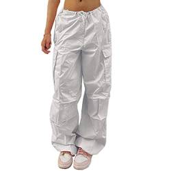 Mädchen Cargohose Multi-Pocket Leichte Freizeithose Fashion Chic Damen Baggy Hose mit Kordelzug Niedrige Taille(S-Weiß) von Ausla