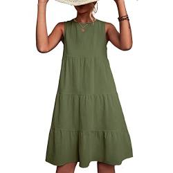 Rundhals T-Shirt Patchwork Sommerkleid Damen Knielang Casual Ärmelloses mit Geraffte Büste und Rückenknopf Strandkleid Einfarbig Locker Swing Kleid(S-Milit?rgrün) von Ausla