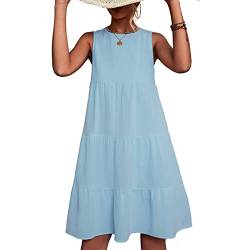 Rundhals T-Shirt Patchwork Sommerkleid Damen Knielang Casual Ärmelloses mit Geraffte Büste und Rückenknopf Strandkleid Einfarbig Locker Swing Kleid(XXL-Blau) von Ausla