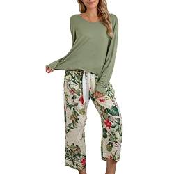 Schlafanzug Damen Zweiteiliger Pyjama Schlafanzug Lang Zweiteilige Loungewear Hausanzug mit Rundhalsausschnitt(L-Grün) von Ausla