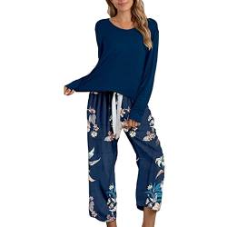 Schlafanzug Damen Zweiteiliger Pyjama Schlafanzug Lang Zweiteilige Loungewear Hausanzug mit Rundhalsausschnitt(XXL-Dunkelblau) von Ausla