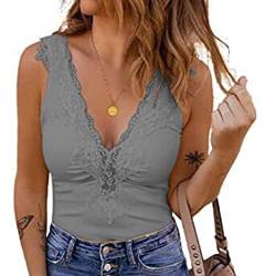 Spitze Camisole Damen Oberteil Top mit Spitze Damen V Ausschnitt Sommer Strand Vest Bluse Spitze Weste(M-Grau) von Ausla