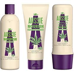Aussie Nourish Shampoo 300 ml, Conditioner 200 ml und intensiv pflegende Pflege 250 ml, für trockenes und geschädigtes Haar, mit Hanfsamenextrakt, pflegt und schützt Ihr Haar von Aussie