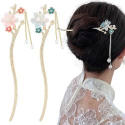 2 Stück Blumen-Haarstäbe mit Kette, Vintage-Haarnadeln, chinesische Haarstäbchen für Frauen, Retro, Vintage, dekorativ für Haare, DIY-Zubehör von Auswalar