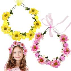 2 Stück Blumenkronen-Stirnband für Damen, Girlande, Stirnband, Haarkranz, Boho-Kopfschmuck für Mädchen, Hochzeit, Festival, Haar-Accessoires (rosa + gelb) von Auswalar