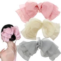3 Stück Chiffon-Haarspangen mit großer Schleife, französische Haarspangen mit langem Band, einfarbig, weiches Netzgewebe, Haarschleifen für Mädchen und Frauen (cremefarben + grau + pink) von Auswalar