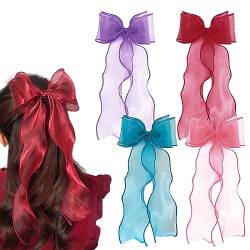 4 Stück Vintage lange Seidenschleifen-Haarspangen, langer, seidiger Satin, einfarbig, französische Haarspange, einfacher Haarverschluss, Zubehör für Frauen und Mädchen von Auswalar