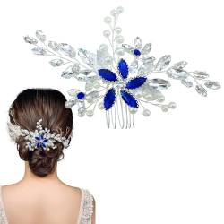 Blume Braut Blau Strass Perle Haarkamm Haarschmuck Strass Haarteil für Frauen und Mädchen von Auswalar