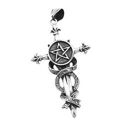 Anhänger Pentagramm Schwert Kreuz Fortuna Edelstahl Halskette Lederkette Gothic Fleur de Lis Kugelkette Damen Herren silber-nur-anhänger von Autiga