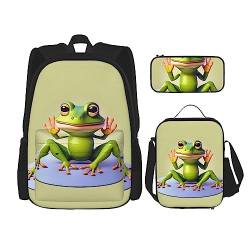 AvImYa Rucksack + Federmäppchen + Lunch-Tasche + Lunch-Tasche Kombination Schultaschen Büchertasche Mädchen Jungen Kinder Studenten leicht langlebig Der lustige Frosch macht Yoga, Schwarz , von AvImYa