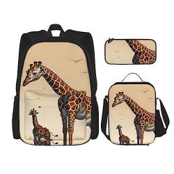 AvImYa Rucksack + Federmäppchen + Lunch-Tasche + Lunch-Tasche Kombination Schultaschen Büchertasche Mädchen Jungen Kinder Studenten leicht langlebig Mutter und Kind Giraffe, Schwarz , Einheitsgröße von AvImYa