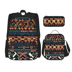 Rucksack + Federmäppchen/Beutel + Lunch-Tasche, Kombinationstasche, Schultaschen, Büchertasche, Mädchen, Jungen, Kinder, Studenten, leicht, langlebig, afrikanische Tribal-ethnische Textur, Schwarz , von AvImYa