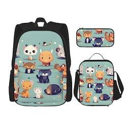 Rucksack + Federmäppchen + Lunch-Tasche + Lunch-Tasche Kombination Schultaschen Büchertasche Mädchen Jungen Kinder Studenten leicht langlebig niedliche kleine Tiere, Schwarz , Einheitsgröße von AvImYa