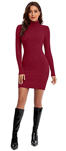 Avancel Damen Strickkleid Winter Kleid Langarm Pulloverkleider Knielang Elegant Rolllkragen Kleidr Herbst Weinrot XL von Avancel