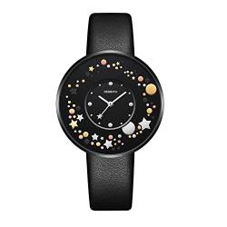 Avaner Damen Uhr Armbanduhr mit Leder Armband Stern Mond Planet Zifferblatt 3 ATM Wasserdicht Quarzwerk Uhr Analoge Anzeige Frauen Uhren Watches Schwarz/Weiß von Avaner