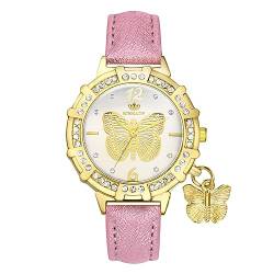 Avaner Damen Uhr Leder Armband Bohemian Schmetterling Butterfly Anhänger Glänzendes PU Leder Analoge Damenuhr Rosa für Frauen von Avaner