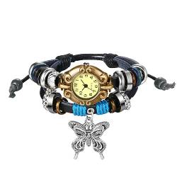 Avaner Vintage Armbanduhr mit handgeflochtenen Blättern Anhänger Mehrschichtiges Armband Damen Uhr Analog Quarzuhr Leder Armbänder für Frauen von Avaner