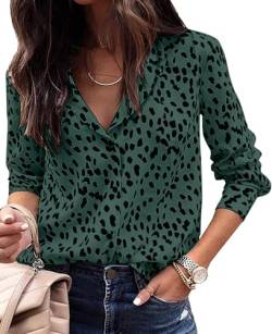 Avanova Damen Casual Leopard Print Tops Bluse V Ausschnitt Langarm Button Down Hemd, Leopardenmuster, Grün, Groß von Avanova