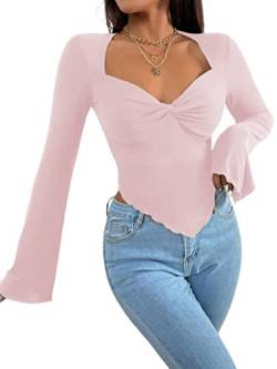 Avanova Damen Langarm Quadratischer Ausschnitt Crop Top Twist Front asymmetrisches Shirt, Helles Pink, Klein von Avanova