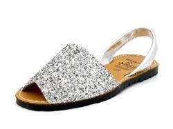 Avarca Damen Sandalen Glitzer Glitter Schuhe Leder Riemchen Menorca Sommerschuhe Menorquina Sandaletten mit Pailletten Silber Größe 40 EU von Avarca