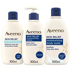 Aveeno Skin Relief Regime Bundle Body Wash Body Lotion und Shampoo für empfindliche, sehr trockene Haut und Kopfhaut, Blau, 3 Stück von Aveeno
