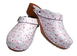 Aves-24 Clogs Pantolette Blumen Punkte Sandalette Holz + Leder Tolle Farben Holzschuhe (36, Blumen Rosa) von Aves-24