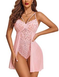 Avidlove Babydoll Dessous für Frauen Blumenmuster Schnappverschluss Schritt Teddy Chemise Nachthemd Spitze Nachthemd, Pink, Medium von Avidlove