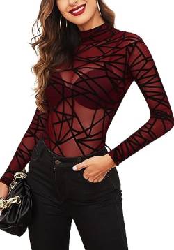 Avidlove Damen Body Sexy Bodysuit Elegant Mesh Top Langarm Formende Bodys Rollkragen Oberteil Dessous Babydoll Weinrot M von Avidlove