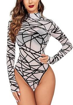 Avidlove Damen Body Sexy Bodysuit Elegant Mesh Top Langarm Formende Bodys Rollkragen Oberteil Dessous Babydoll Weiß S von Avidlove