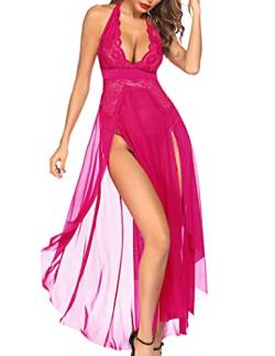 Avidlove Damen-Dessous, tiefer V-Ausschnitt, Nachtwäsche, einteilig, sexy Nachthemden, Mosaik-Spitze, Netzkleid, Pink, Large von Avidlove
