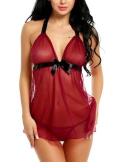 Avidlove Damen Dessous Babydoll Negligees Spitze Lingerie Sexy Nachthemden Neckholder Nachtwäsche Dunkelrot XXL von Avidlove