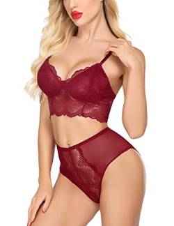 Avidlove Damen-Dessous-Set, Spitze, Blumen, Bralette und hohe Taille, Höschen, dunkelrot, Small von Avidlove