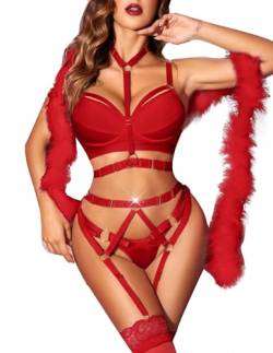 Avidlove Damen-Dessous-Set mit Strumpfband, Push-Up-BH und Höschen, 4-teiliges Dessous, Teddy, Babydoll-Body, Weinrot, Large von Avidlove